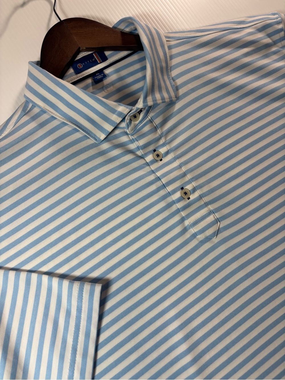 Stitch Performance Golf Polo White & Blue (Gulf) Apex Stripe Size XL